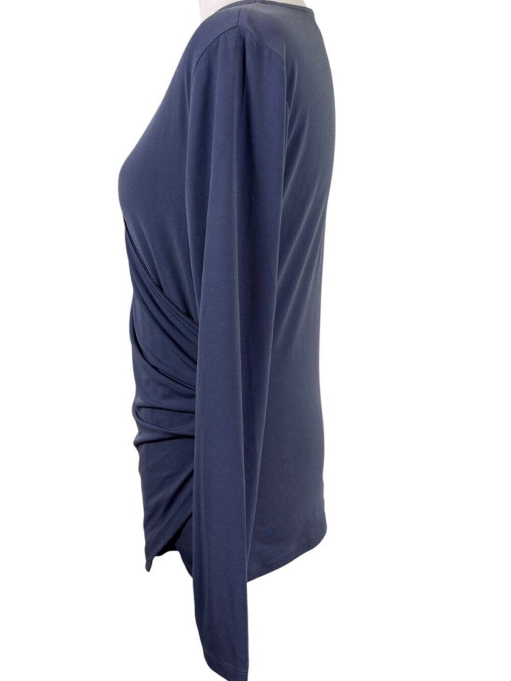 Tahari Dusty Blue Faux Wrap Ruched Long Sleeve Top | Size Medium - Picture 4 of 9